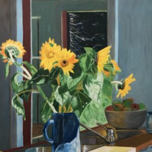 Blue Vase with Sunflowers on the Sink, painting by Hang Pham