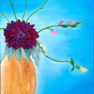 Ceramic Vase with Red Ballet Dahlia Flower, painting by Christi Pham