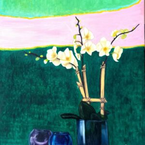 Glass Blue Vase with the White Phalaenopsis Orchid Flowers, painting by Hang Pham