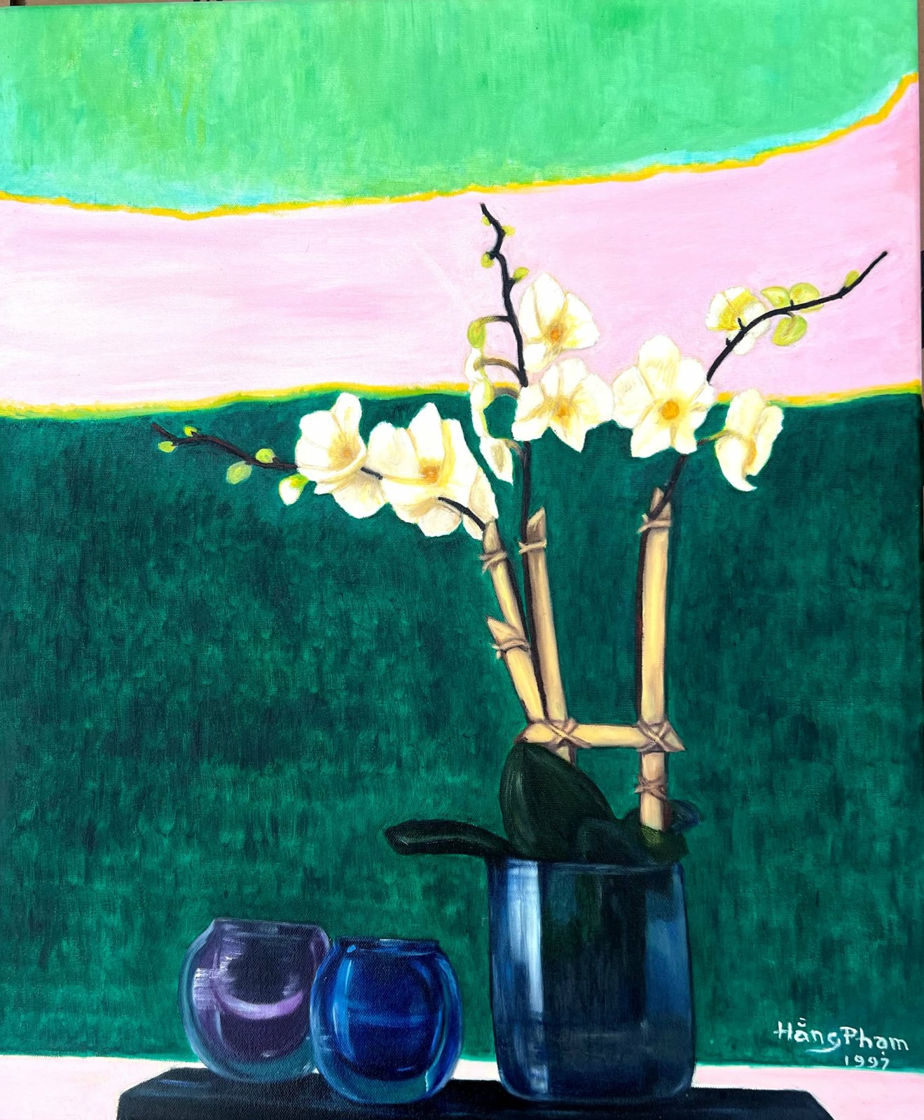 Glass Blue Vase with the White Phalaenopsis Orchid Flowers, painting by Hang Pham