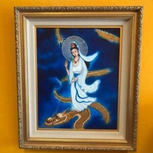 Guan Yin Buddha Riding Gold Dragon, painting by Hang Pham