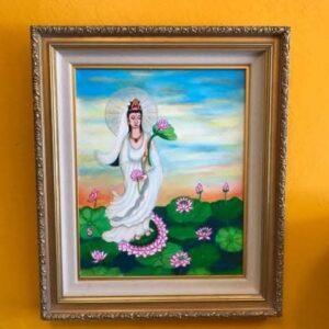 Guan Yin Buddha Standing in Lotus Pond, painting by Hang Pham