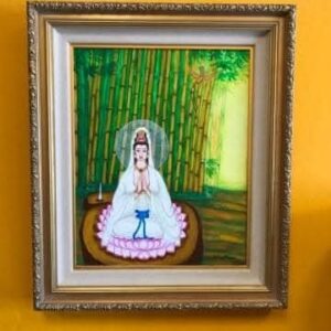 Guan Yin Buddha with Bird in the Yellow Bamboo Forest, painting by Hang Pham