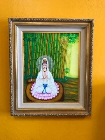 Guan Yin Buddha with Bird in the Yellow Bamboo Forest, painting by Hang Pham