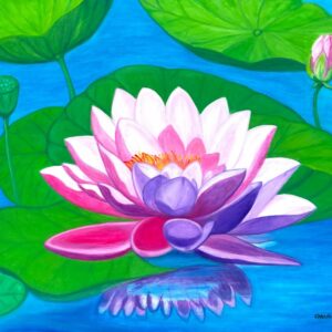 Pink Water Lotus in Pond, painting by Christi Pham